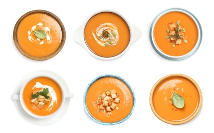 Image of Set of fresh pumpkin soups on white background, top view