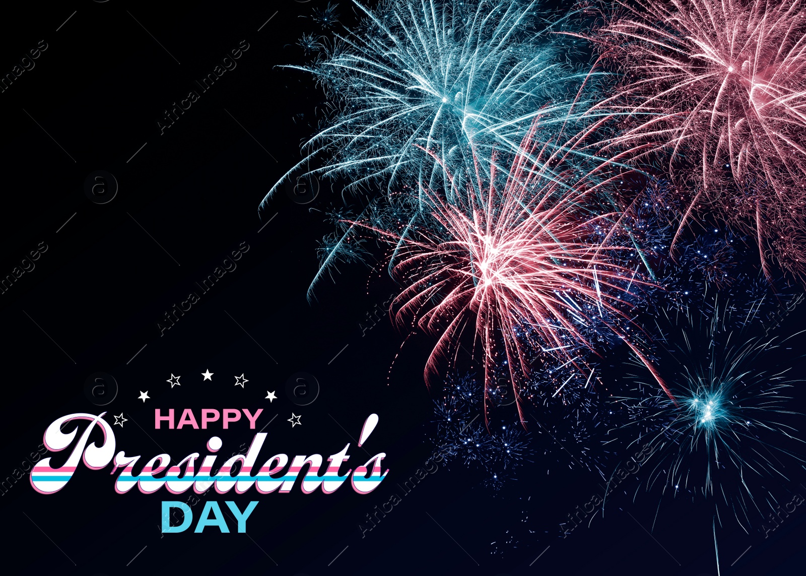 Image of Happy President's Day - federal holiday. Beautiful bright fireworks lighting up night sky