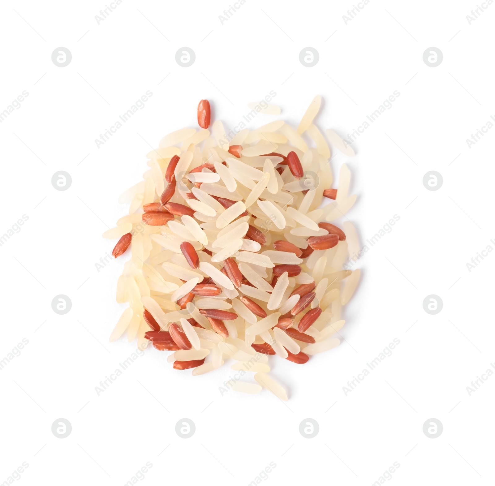 Photo of Mix of brown and polished rice isolated on white, top view