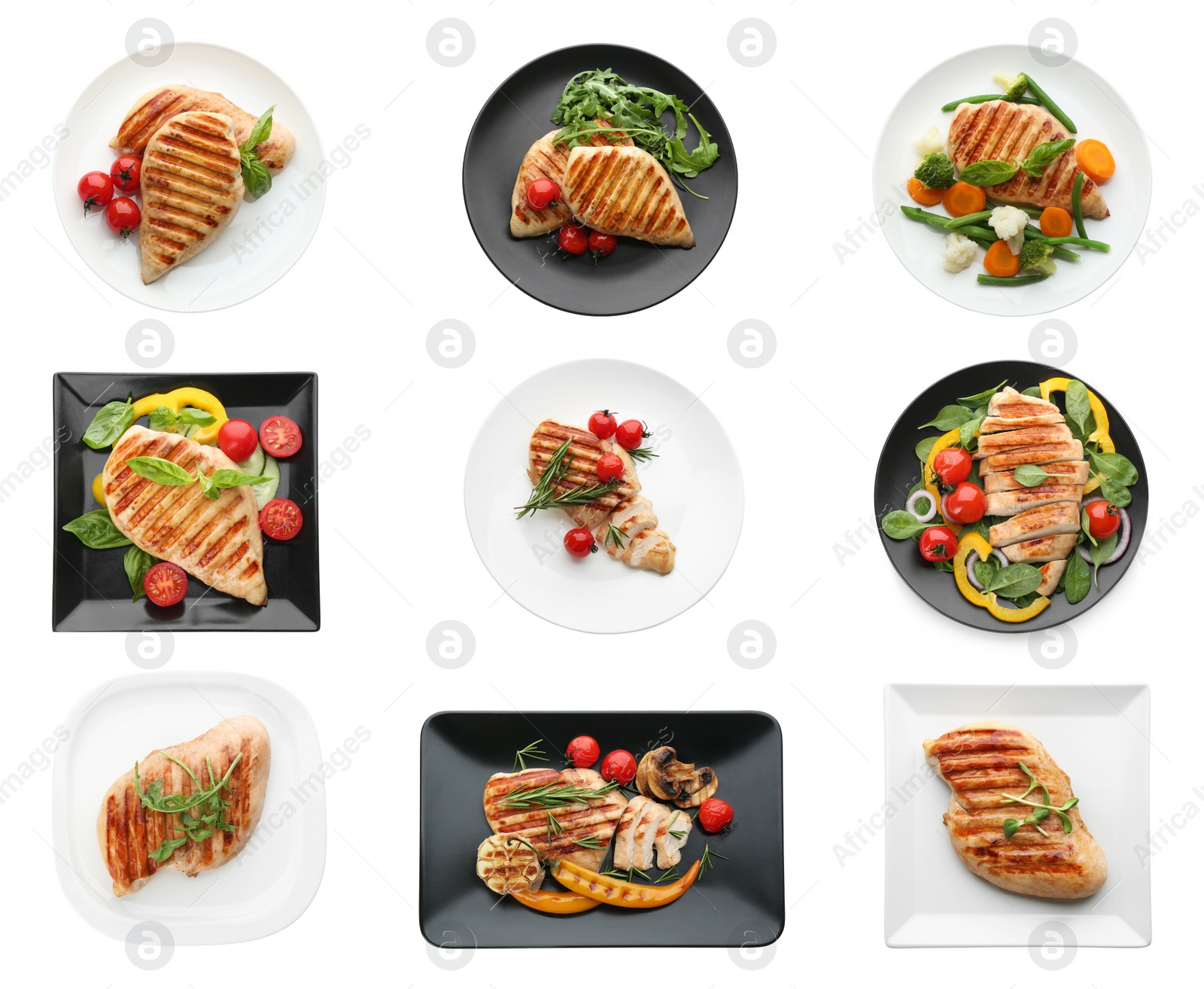 Image of Set of grilled chicken breasts on white background