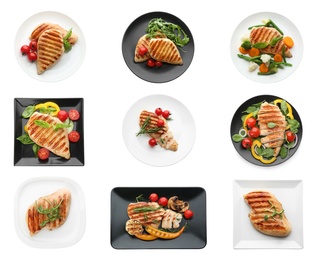 Set of grilled chicken breasts on white background