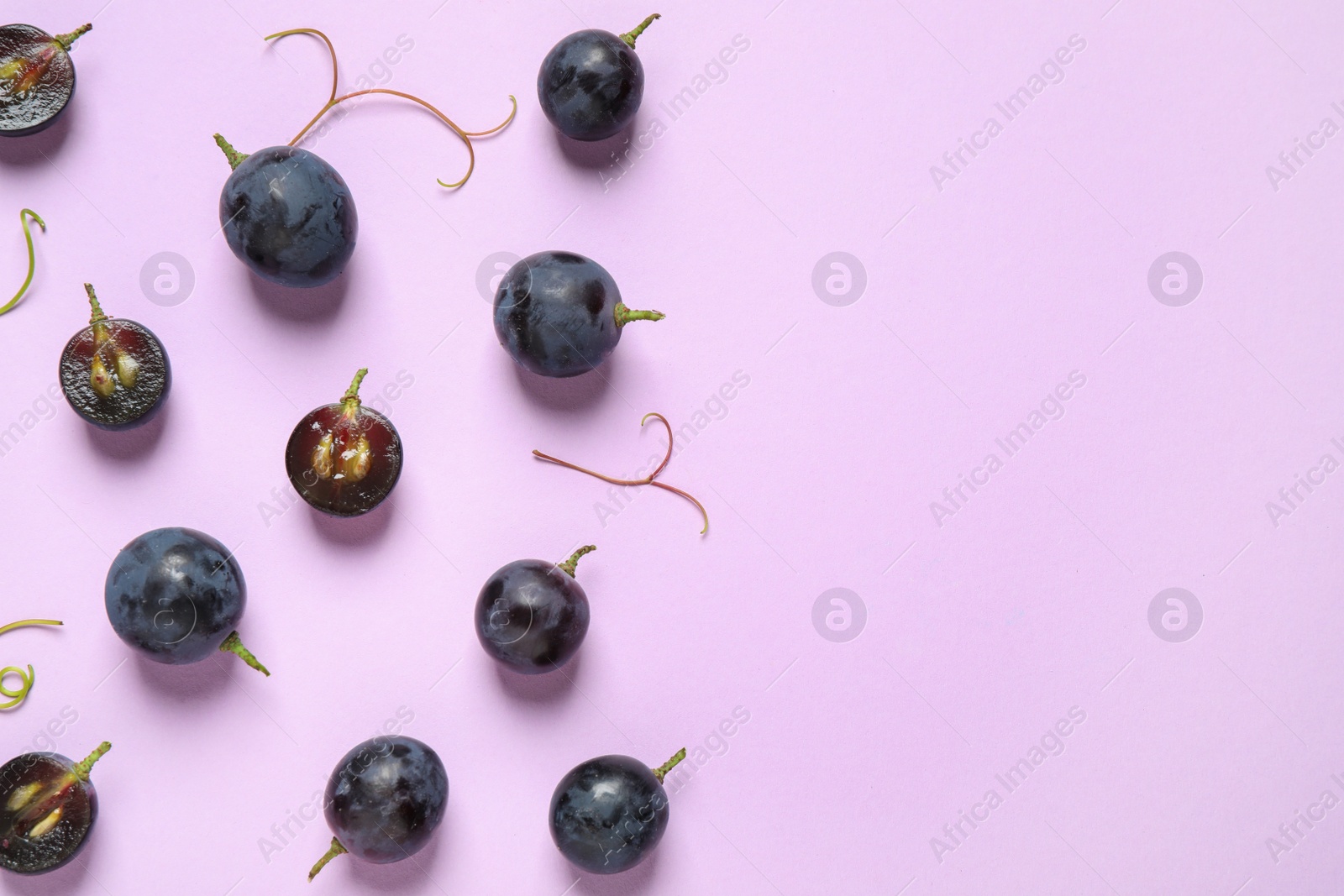 Photo of Flat lay composition with fresh ripe juicy grapes on lilac background, space for text