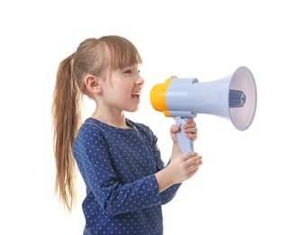 Cute little girl with megaphone on white background