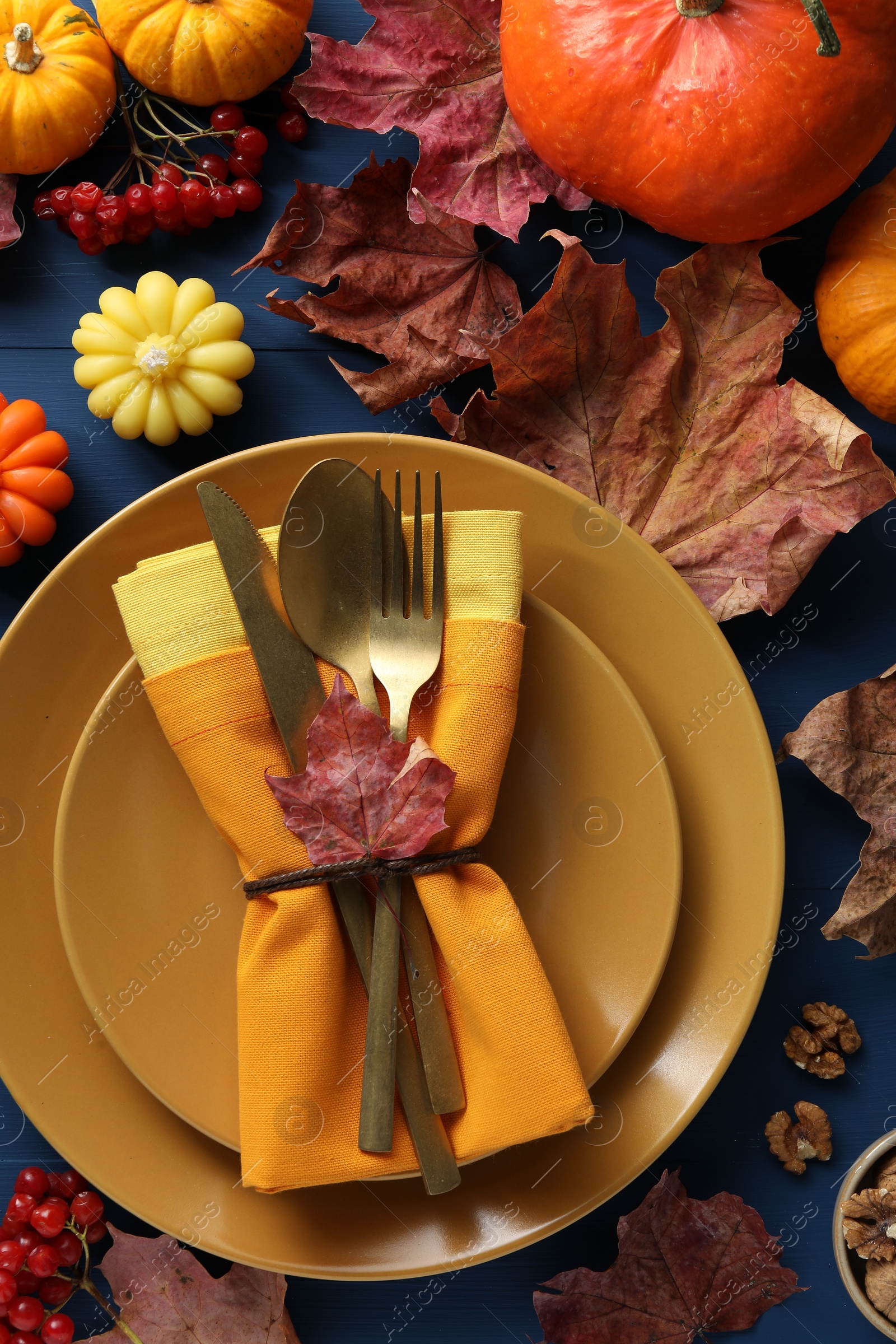 Photo of Thanksgiving day. Beautiful table setting and autumn decoration, flat lay