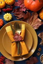 Thanksgiving day. Beautiful table setting and autumn decoration, flat lay