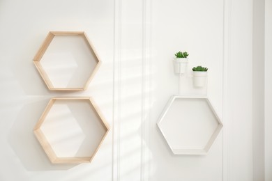 Honeycomb shaped shelves with plants on white wall
