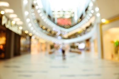 Photo of Blurred view of modern shopping mall interior. Bokeh effect