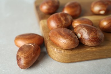 Photo of Raw jackfruit seeds and wooden board on light table, closeup