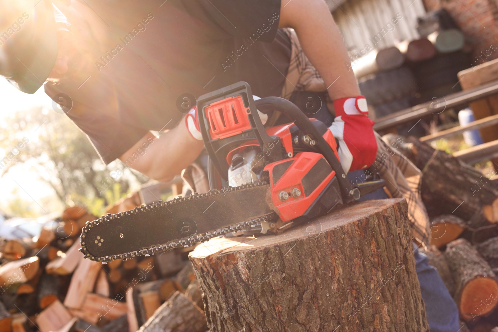 Photo of Man sawing wooden log on sunny day, closeup