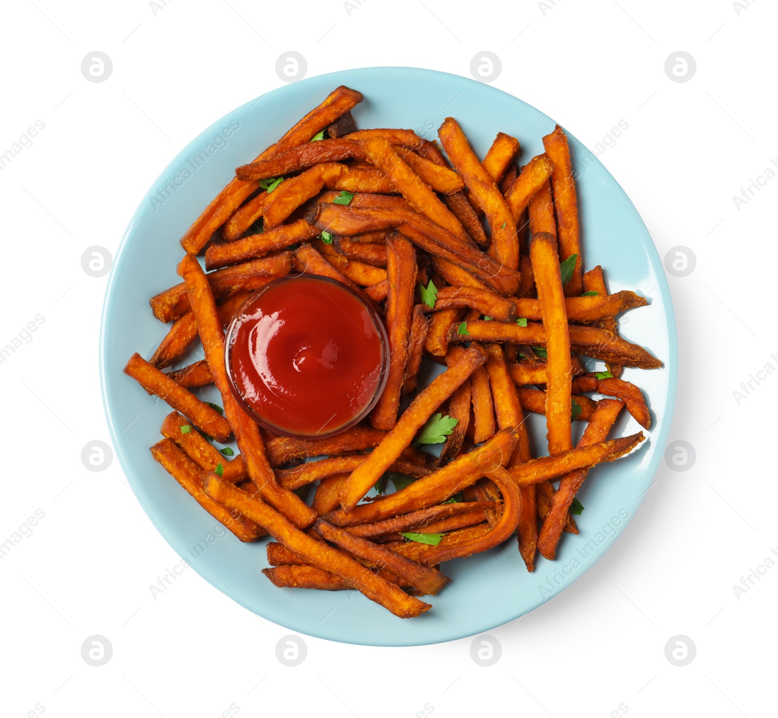 Photo of Plate with delicious sweet potato fries and sauce on white background, top view
