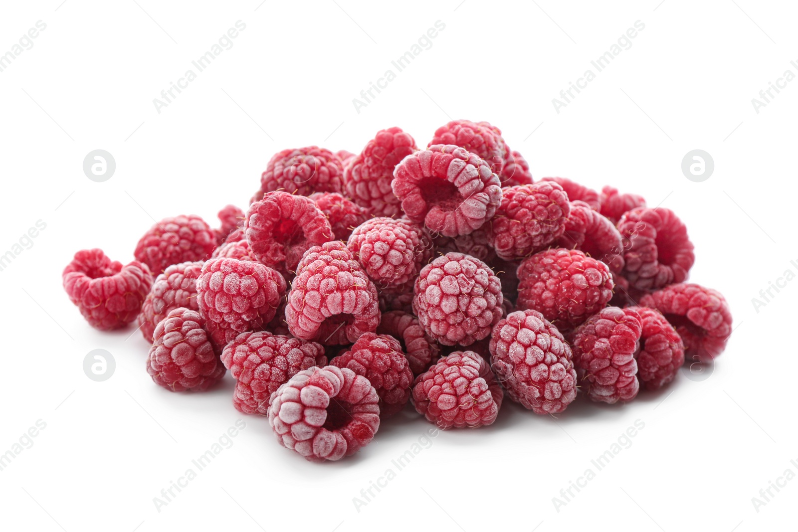 Photo of Heap of tasty frozen raspberries on white background