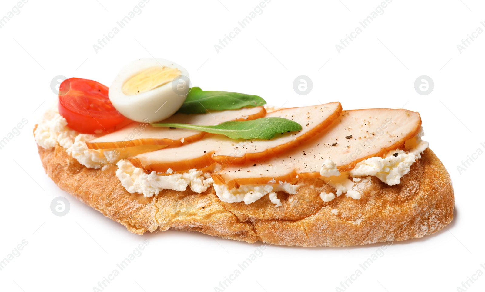 Photo of Delicious chicken bruschetta on white background. Traditional Italian antipasto