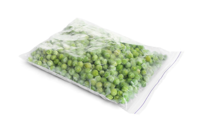 Photo of Frozen peas in plastic bag isolated on white. Vegetable preservation