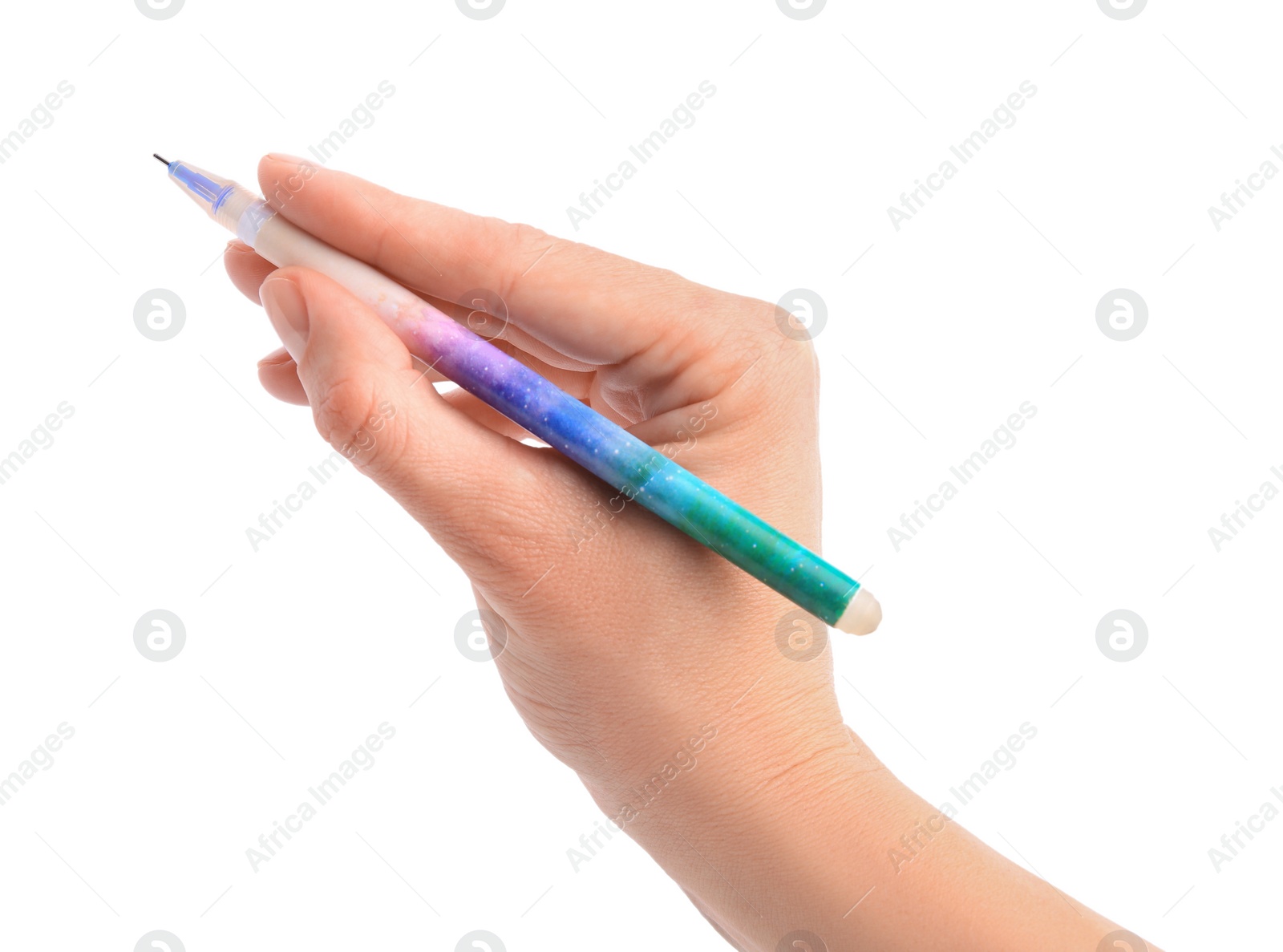 Photo of Woman holding erasable pen on white background, closeup