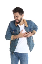 Photo of Man suffering from heart pain on white background