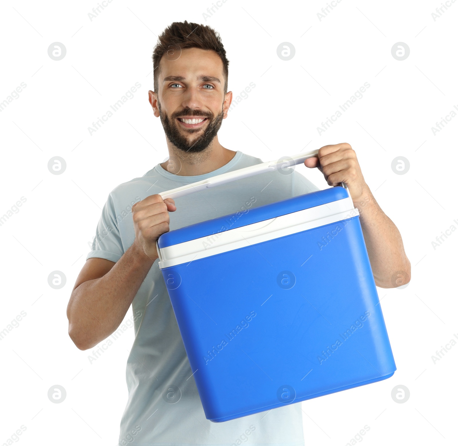 Photo of Happy man with cool box on white background