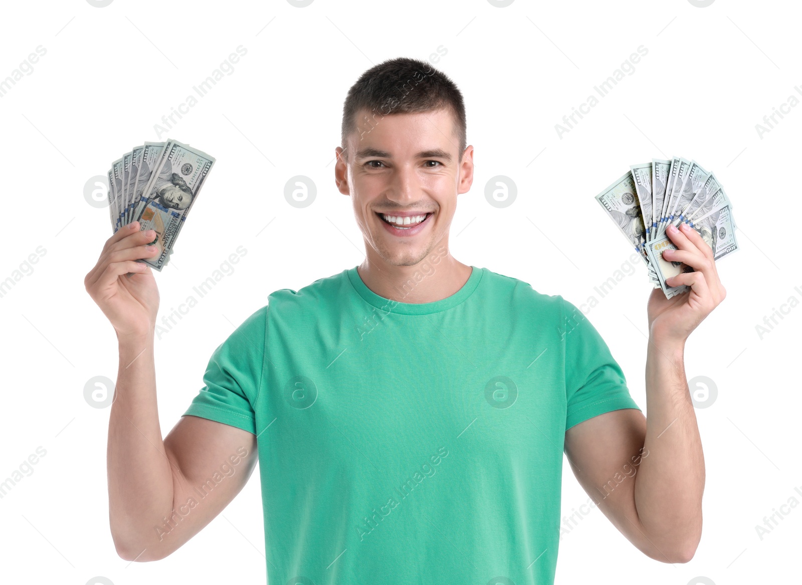 Photo of Handsome young man with dollars on white background