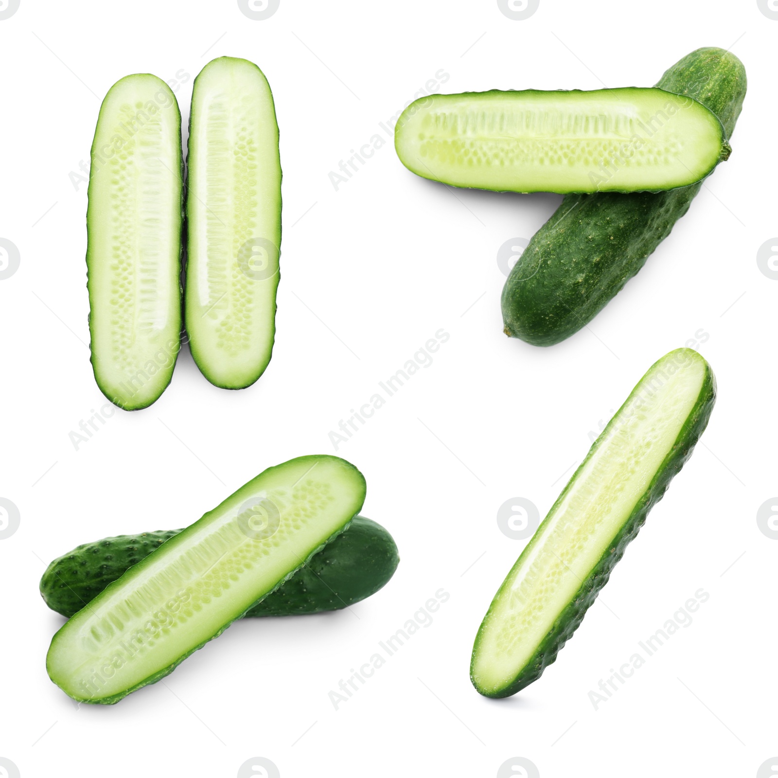 Set with cut ripe cucumbers on white background Image of Set with cut ripe cucumbers on white background
