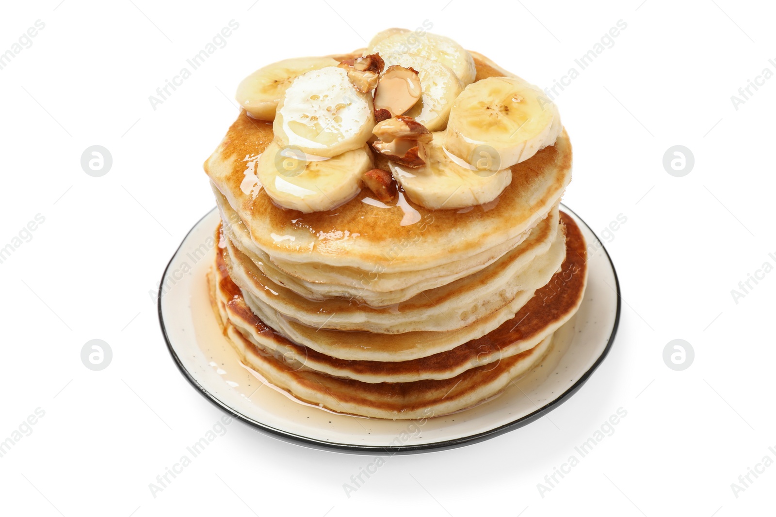 Photo of Tasty pancakes with sliced banana isolated on white