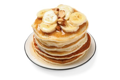 Photo of Tasty pancakes with sliced banana isolated on white