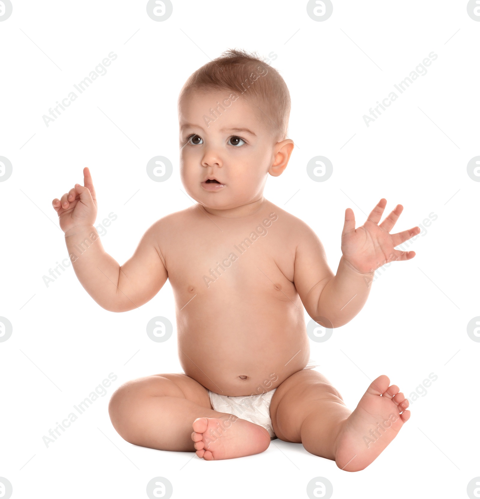 Photo of Cute little baby in diaper on white background