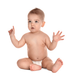 Cute little baby in diaper on white background