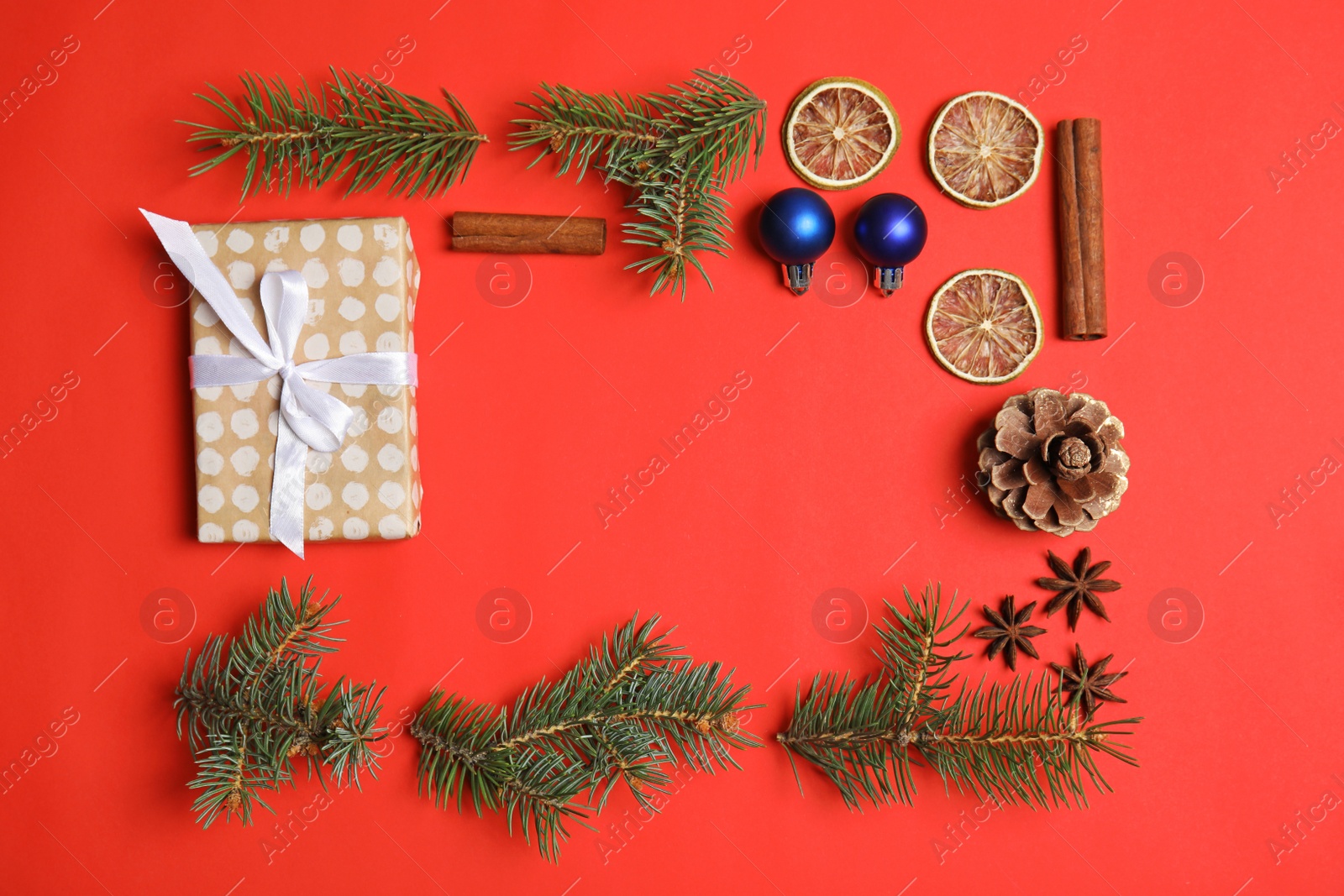 Photo of Flat lay composition with Christmas decor and space for text on color background. Festive winter design