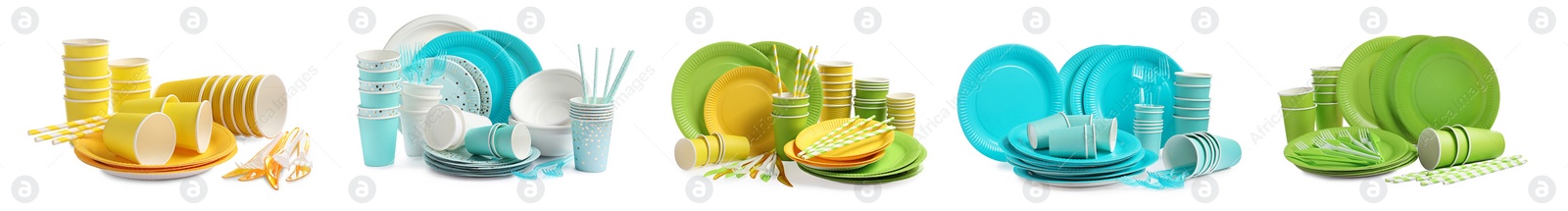 Image of Set with different disposable tableware on white background. Banner design