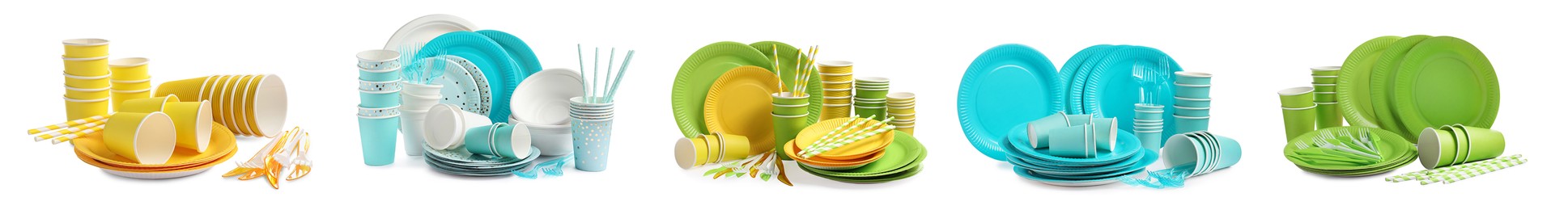 Image of Set with different disposable tableware on white background. Banner design