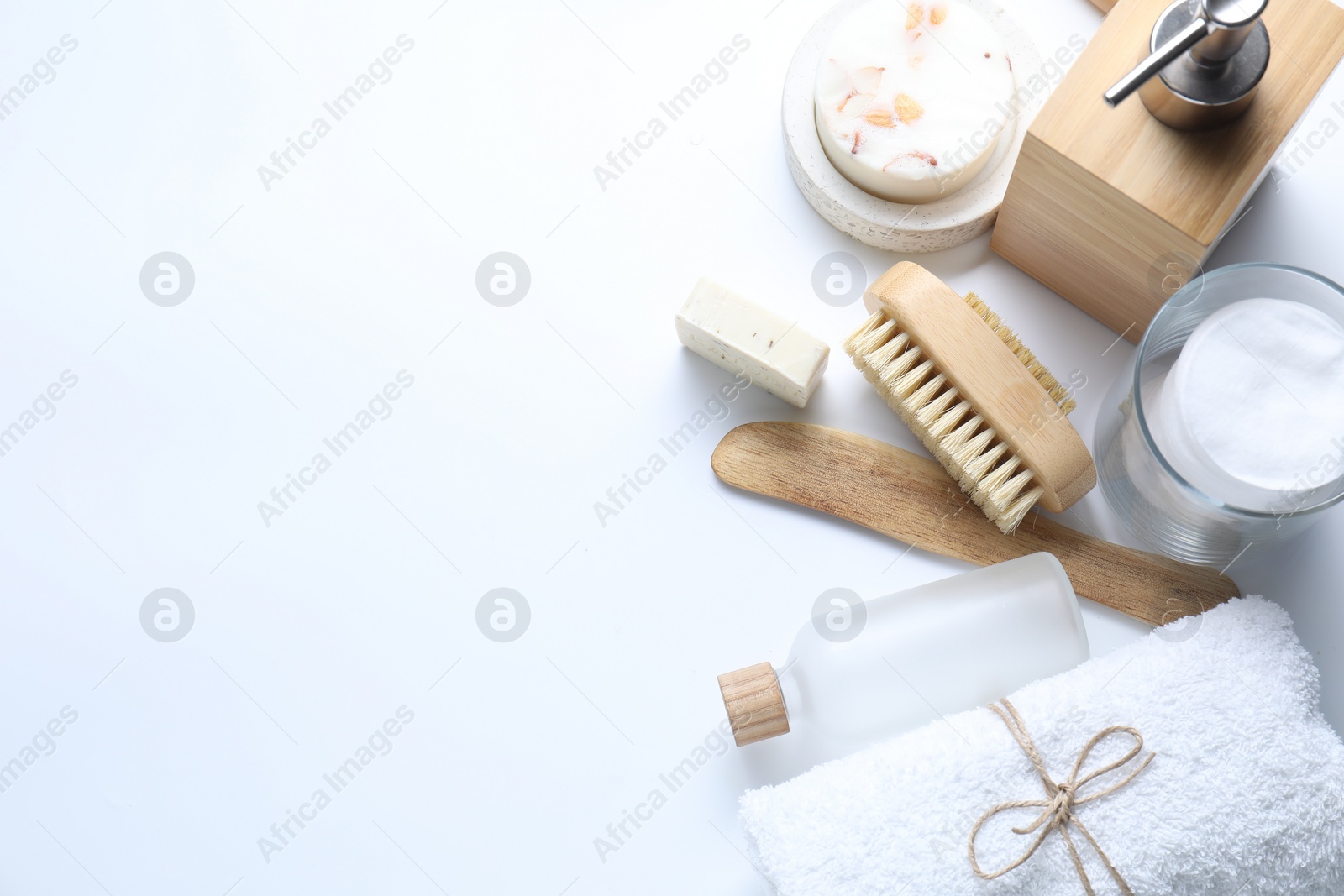 Photo of Bath accessories. Flat lay composition with personal care products on white background, space for text