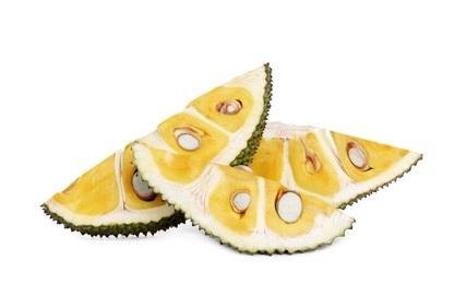 Photo of Slices of delicious cut fresh exotic jackfruit on white background