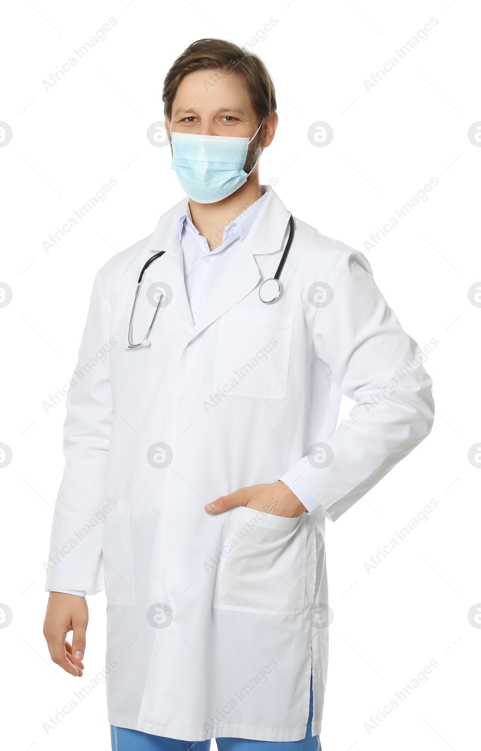 Photo of Doctor or medical assistant (male nurse) with protective mask and stethoscope on white background