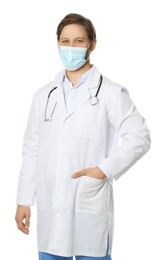 Photo of Doctor or medical assistant (male nurse) with protective mask and stethoscope on white background