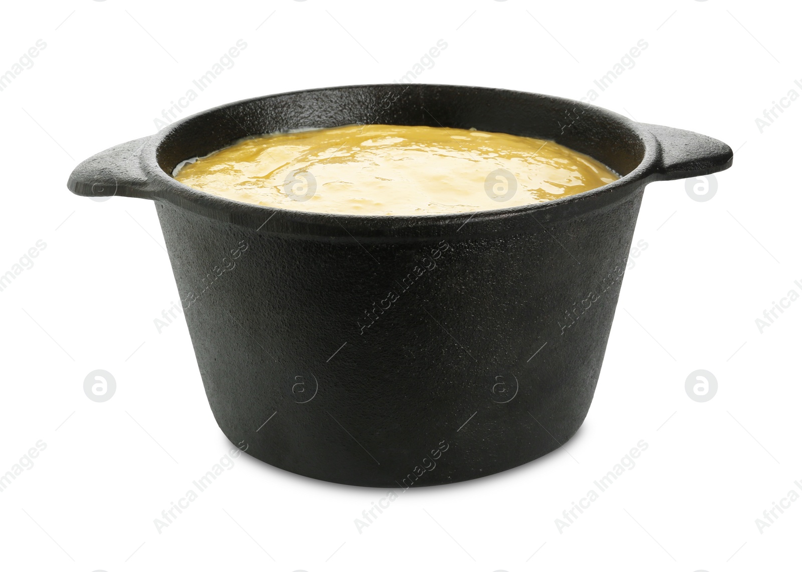 Photo of Fondue pot with tasty melted cheese isolated on white