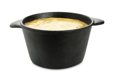 Fondue pot with tasty melted cheese isolated on white