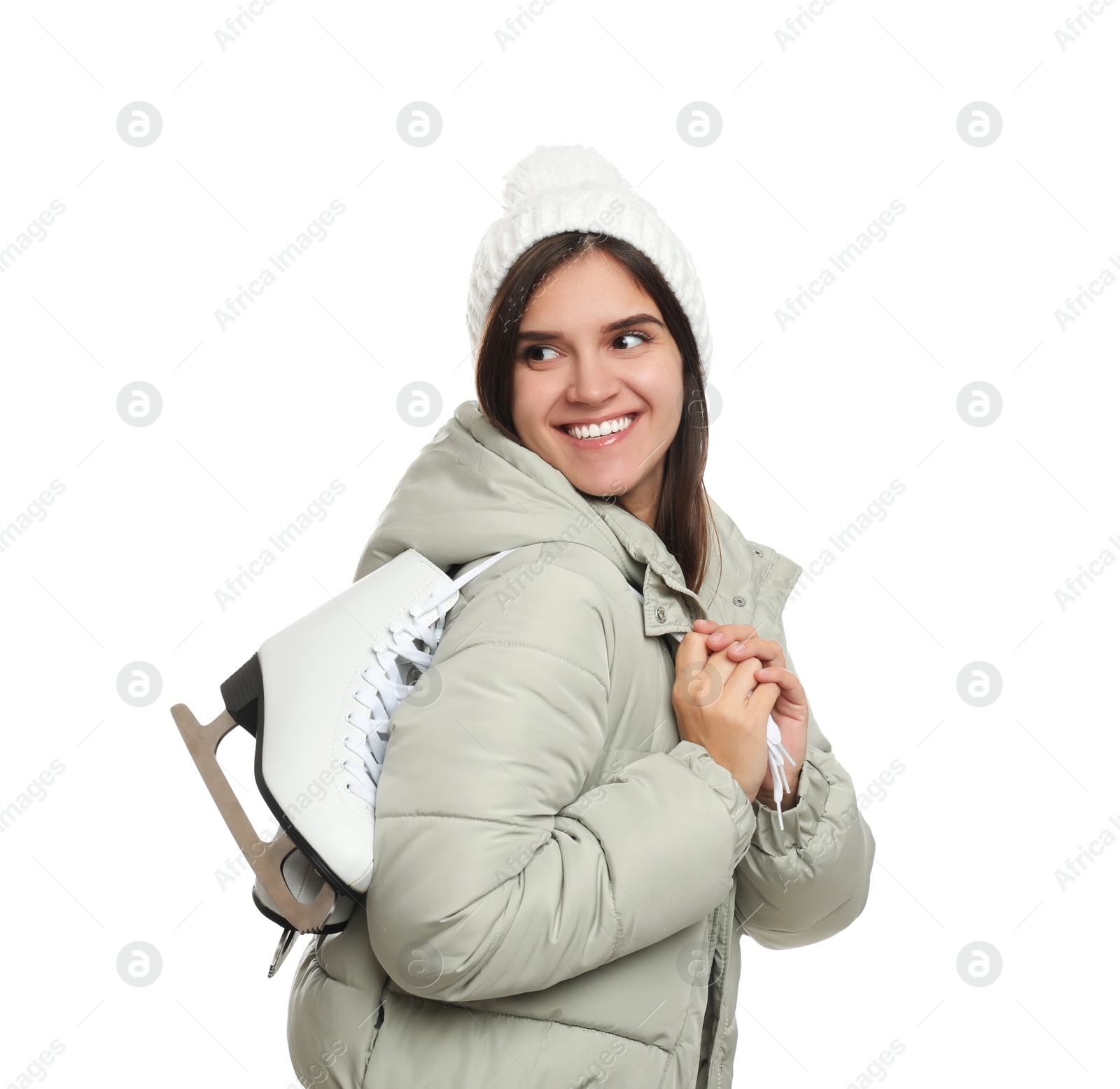 Photo of Happy woman with ice skates on white background