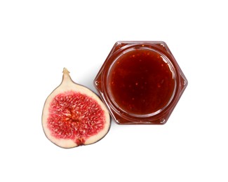 Glass jar with tasty sweet jam and half of fresh fig isolated on white, top view