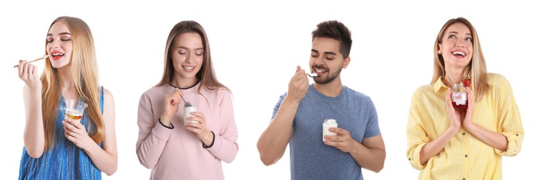 Image of Collage with photos of people with tasty yogurts on white background. Banner design