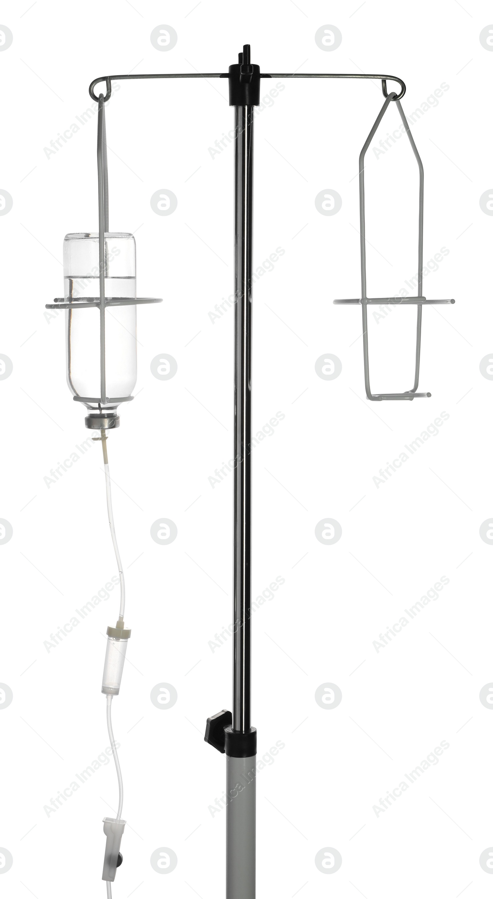 Photo of IV infusion set on pole against white background