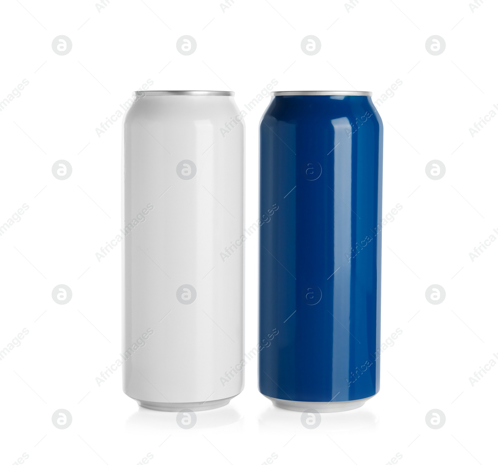 Photo of Aluminum cans with drinks on white background