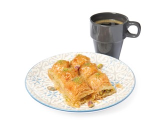 Photo of Delicious baklava with pistachios and hot coffee on white background