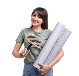 Photo of Beautiful woman with wallpaper rolls and brush on white background