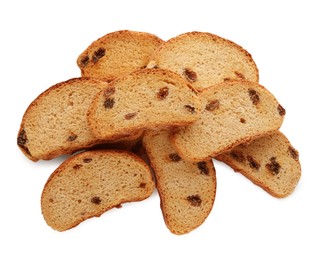 Photo of Sweet hard chuck crackers with raisins on white background, top view