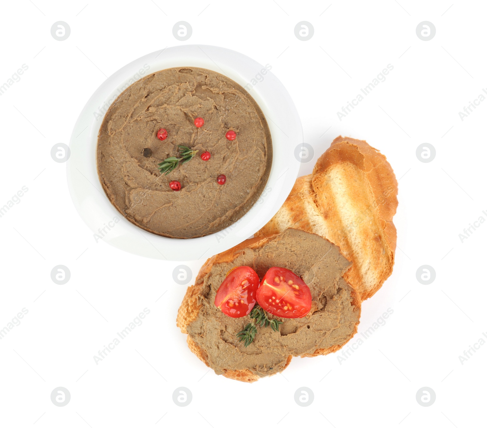 Photo of Tasty liver pate and slices of bread on white background, top view