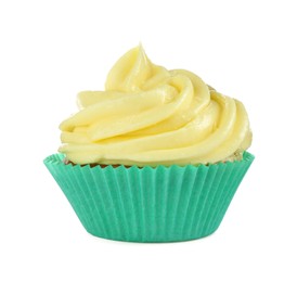 Photo of Delicious cupcake with yellow cream isolated on white