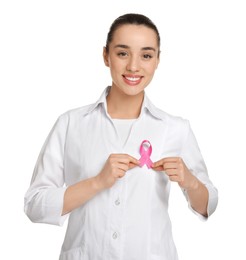 Photo of Mammologist with pink ribbon on white background. Breast cancer awareness