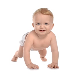 Photo of Cute little baby crawling on white background