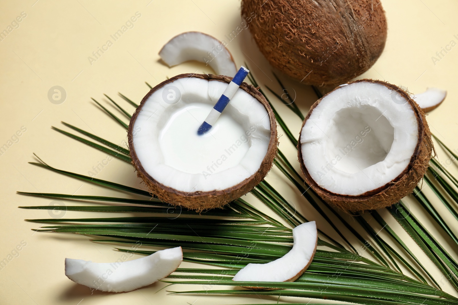 Photo of Composition with coconut milk and fresh nuts on color background