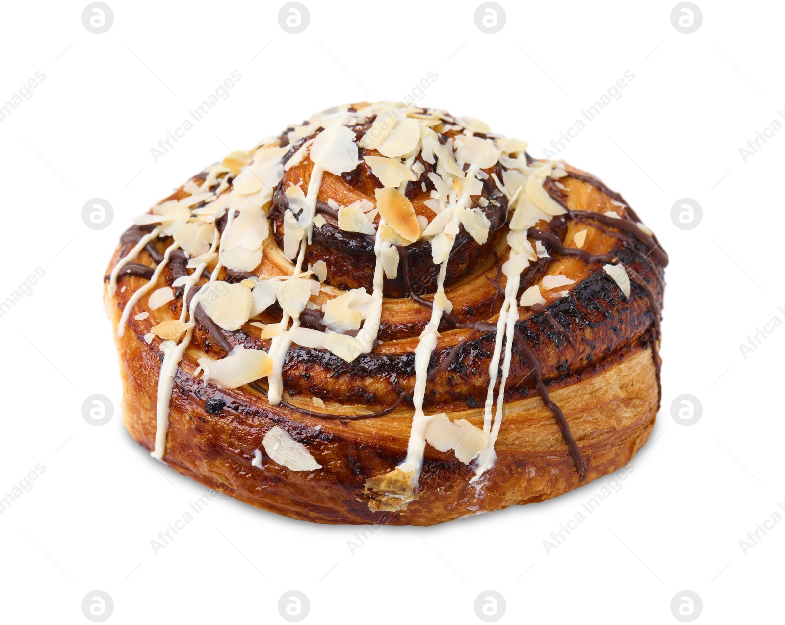 Photo of Delicious roll with almond and toppings isolated on white. Sweet bun
