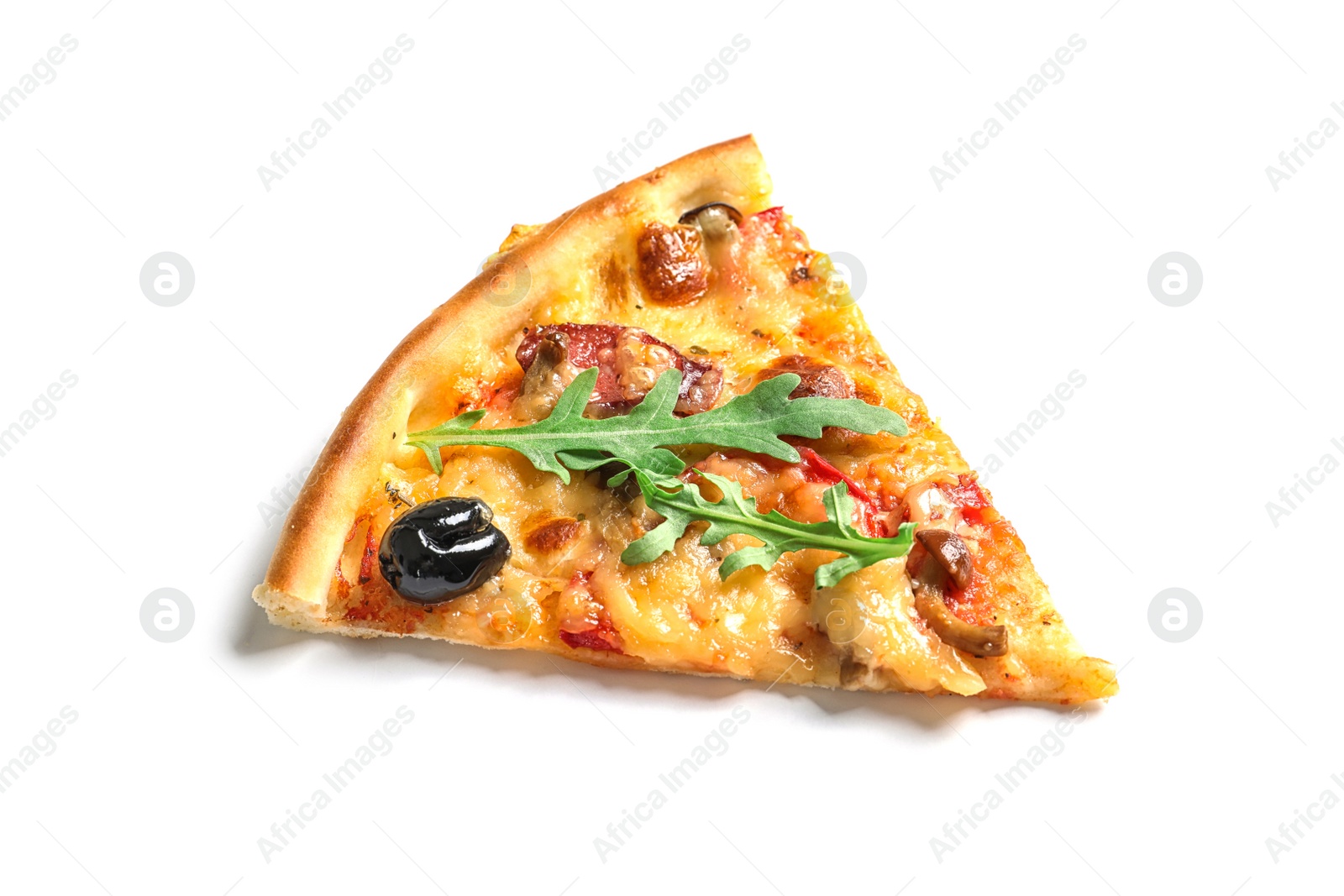 Photo of Slice of tasty pizza with olive and sausages on white background